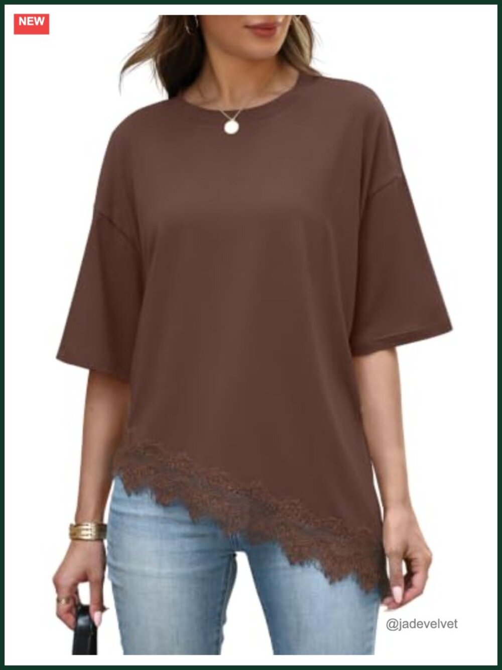 Women's Lace Half Sleeve Top Cotton Blend Crew Neck Casual Pullover Blouse